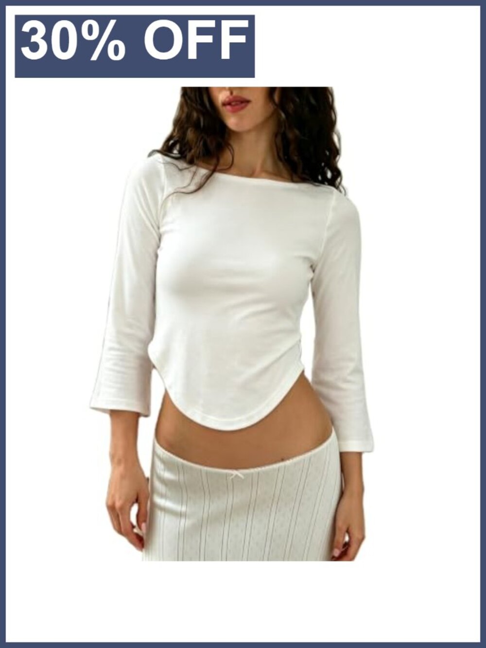 Women Y2K Boat Neck 3/4 Bell Sleeve Crop Top Picot Trim Slim Fit Polyester Tee